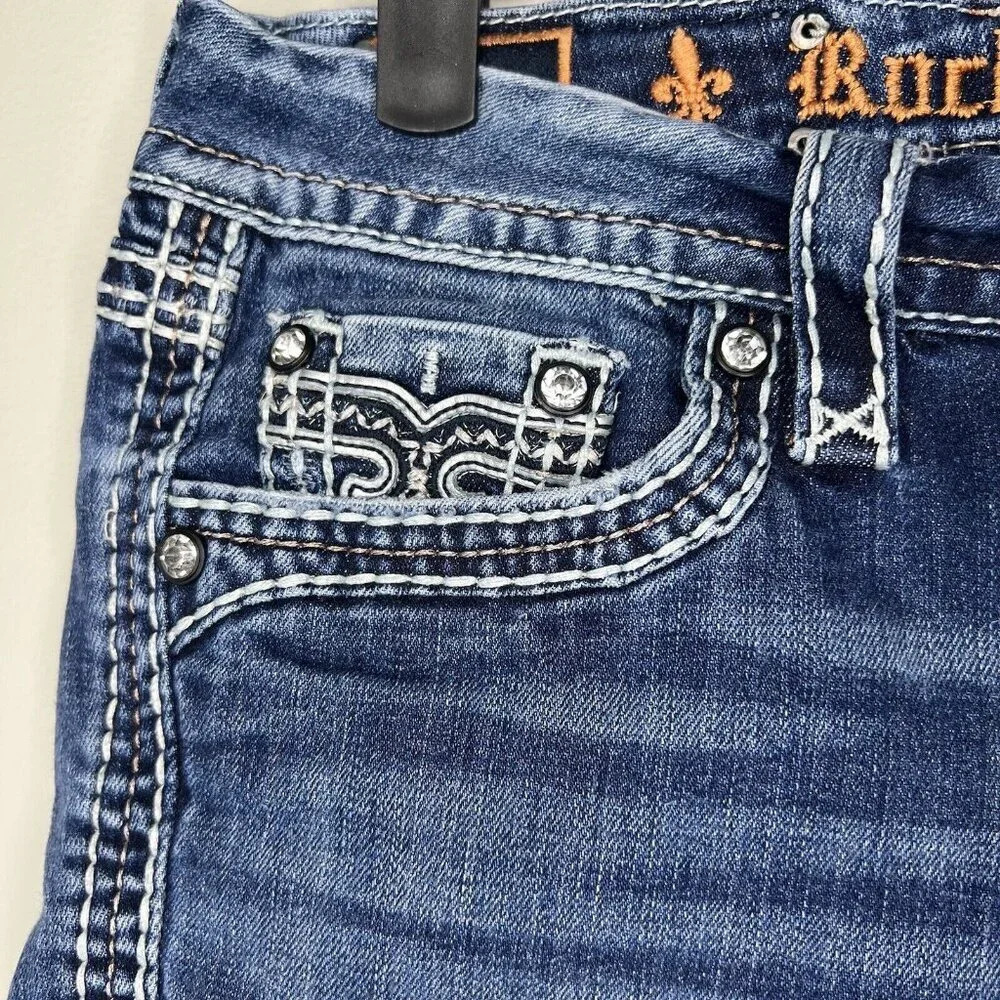 Rock Revival Clover Capri Jeans Size 28 Distressed Jewels - Picture 3 of 13